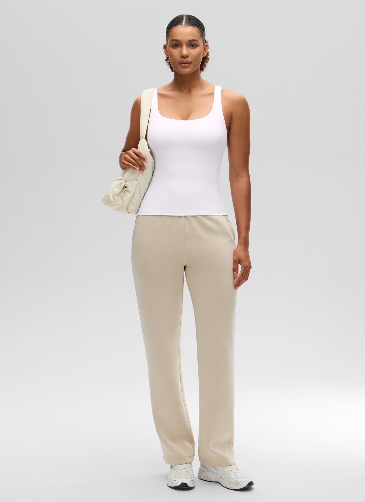 CRZ YOGA Women's SlimFit Tops Butterluxe Built-in Bra U Neck Tanks White @model_info:Barbara