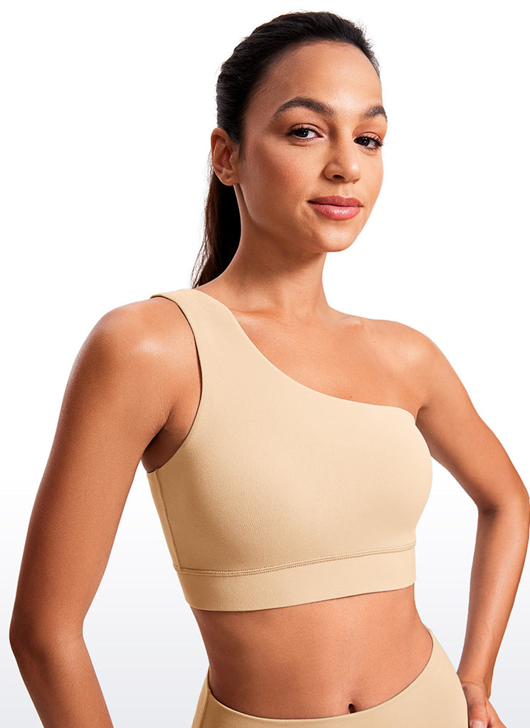 CRZ YOGA Butterluxe Womens One Shoulder Sports Bra Asymmetrical Padded Tan Milkshake