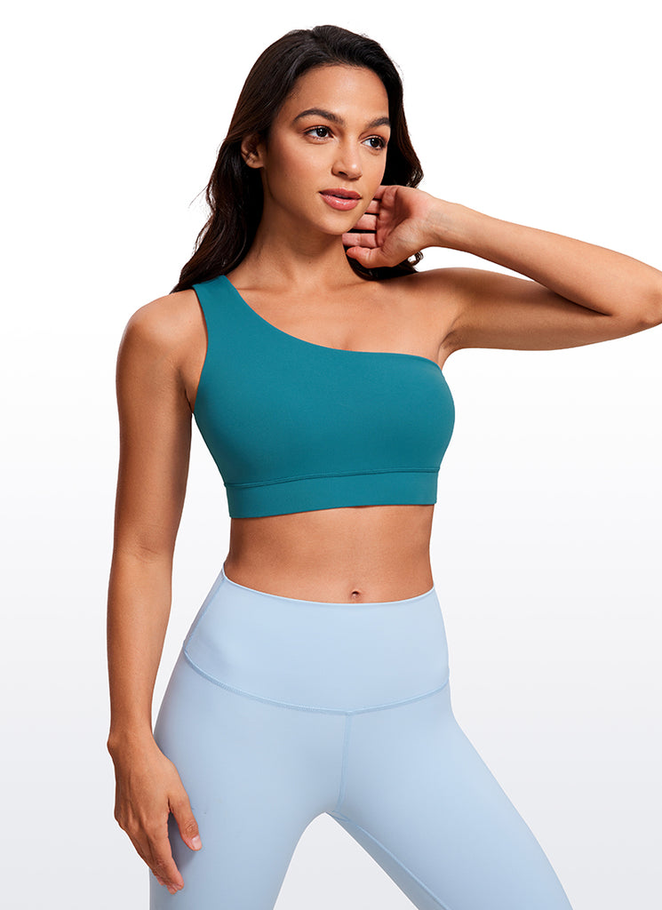 CRZ YOGA Butterluxe Womens One Shoulder Sports Bra Asymmetrical Padded Borealis Green