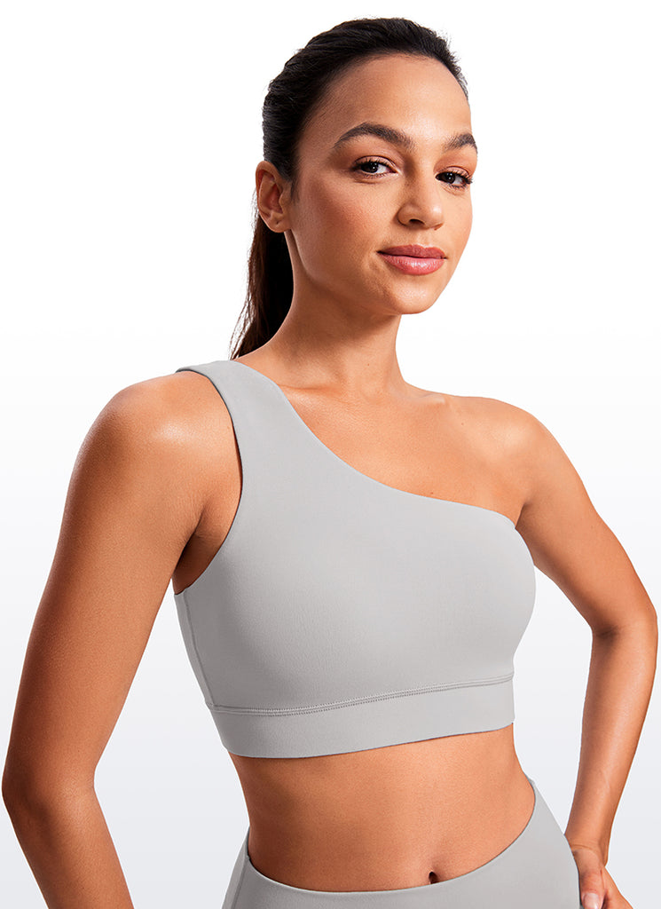 CRZ YOGA Butterluxe Womens One Shoulder Sports Bra Asymmetrical Padded Tan Milkshake