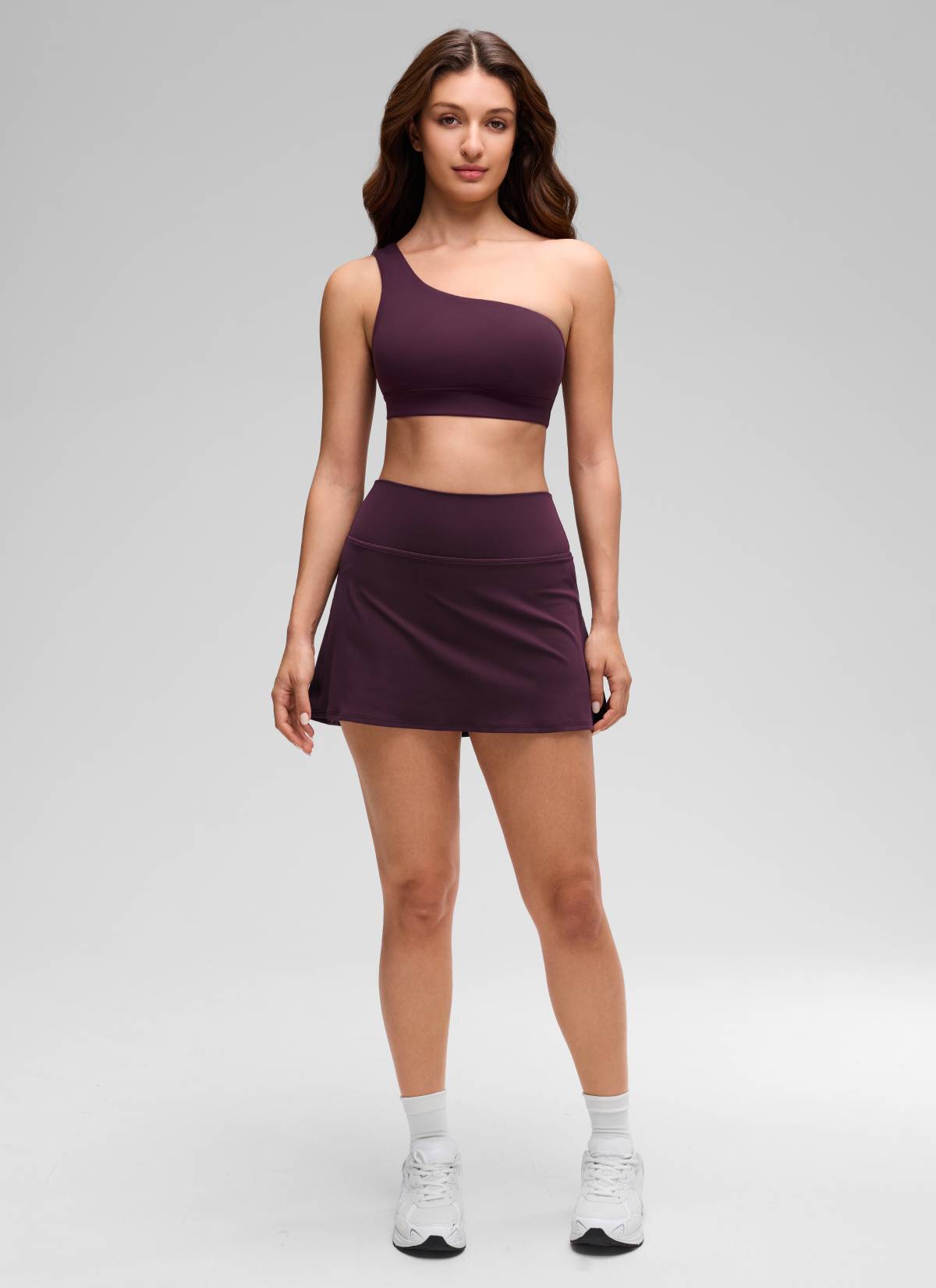 CRZ YOGA Butterluxe Womens One Shoulder Sports Bra Asymmetrical Padded Deep Purple @model_info:Inga