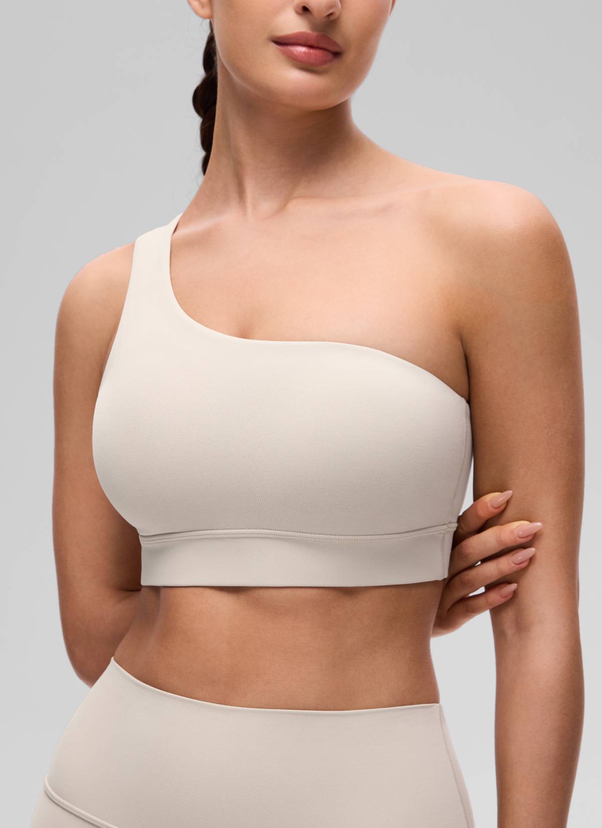 CRZ YOGA Butterluxe Womens One Shoulder Sports Bra Asymmetrical Padded Mojave Tan @model_info:Inga