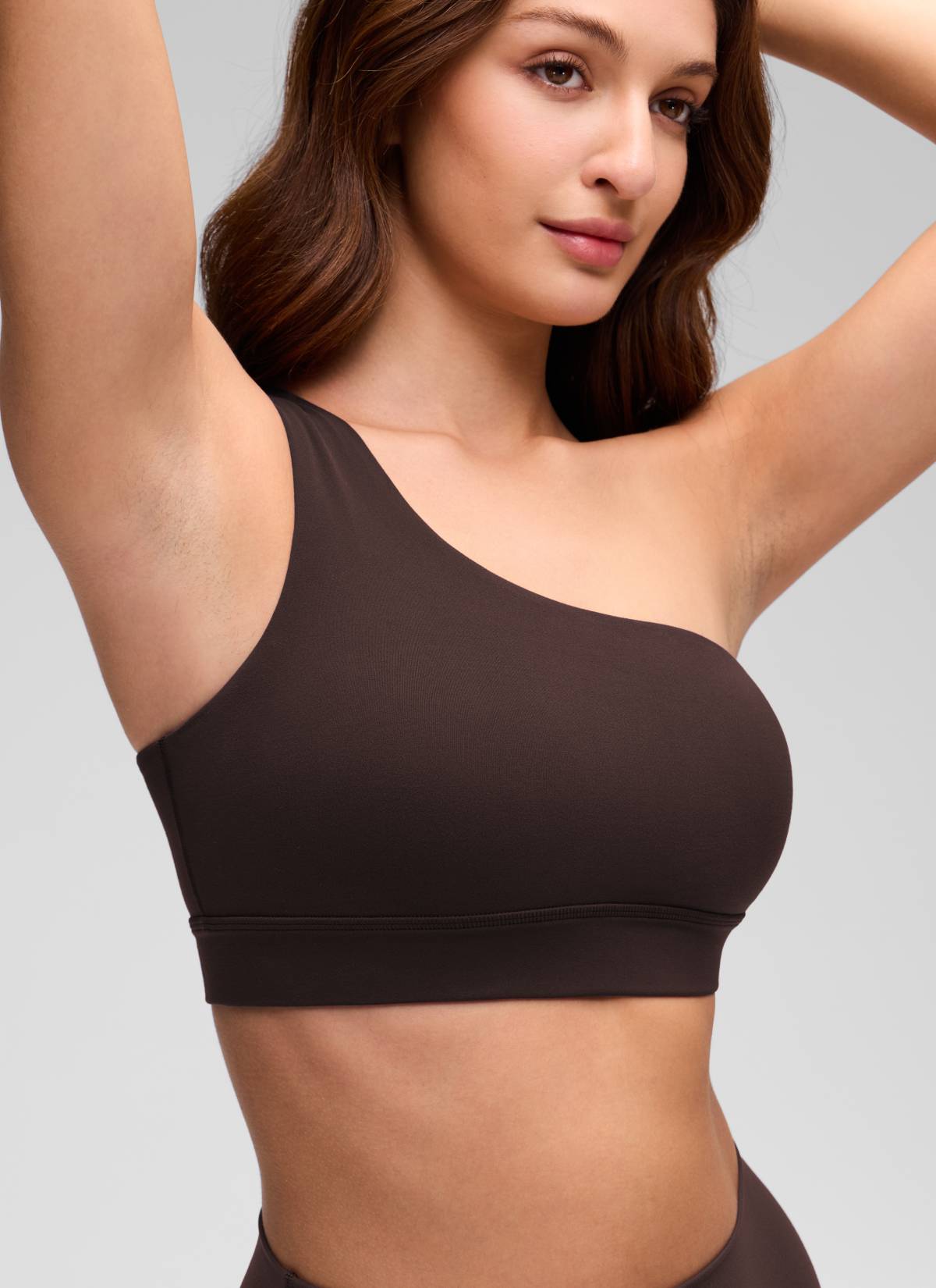 CRZ YOGA Butterluxe Womens One Shoulder Sports Bra Asymmetrical Padded Hot Fudge Brown @model_info:Inga