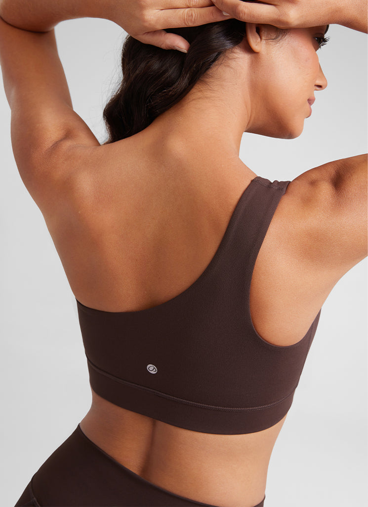 CRZ YOGA Butterluxe Womens One Shoulder Sports Bra Asymmetrical Padded Hot Fudge Brown