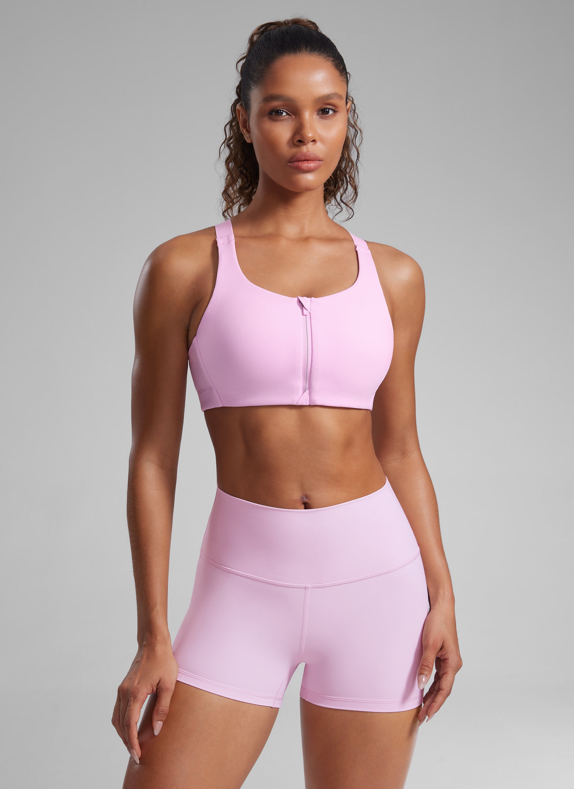 CRZ YOGA Womens Zip Front High Impact Sport Bra with Adjustable Straps Vita Pink