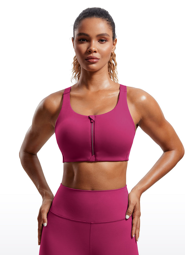 CRZ YOGA Womens Zip Front High Impact Sport Bra with Adjustable Straps Magenta Purple