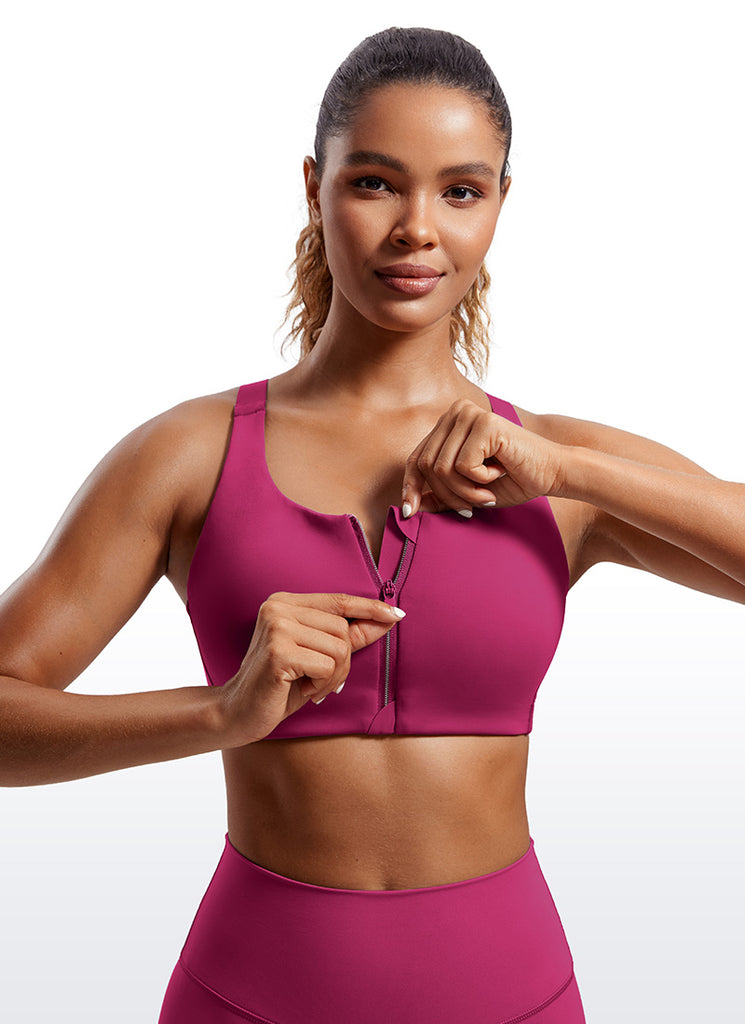 CRZ YOGA Womens Zip Front High Impact Sport Bra with Adjustable Straps Magenta Purple
