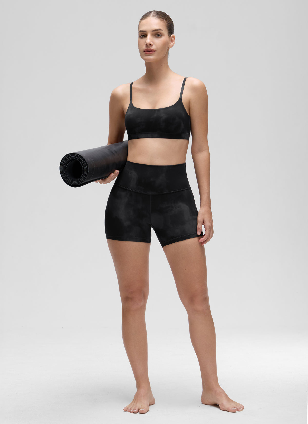 CRZ YOGA Womens Butterluxe Adjustable Spaghetti Strap Scoop Neck Bra Black Tie Dye Flowers @model_info:Jaynne