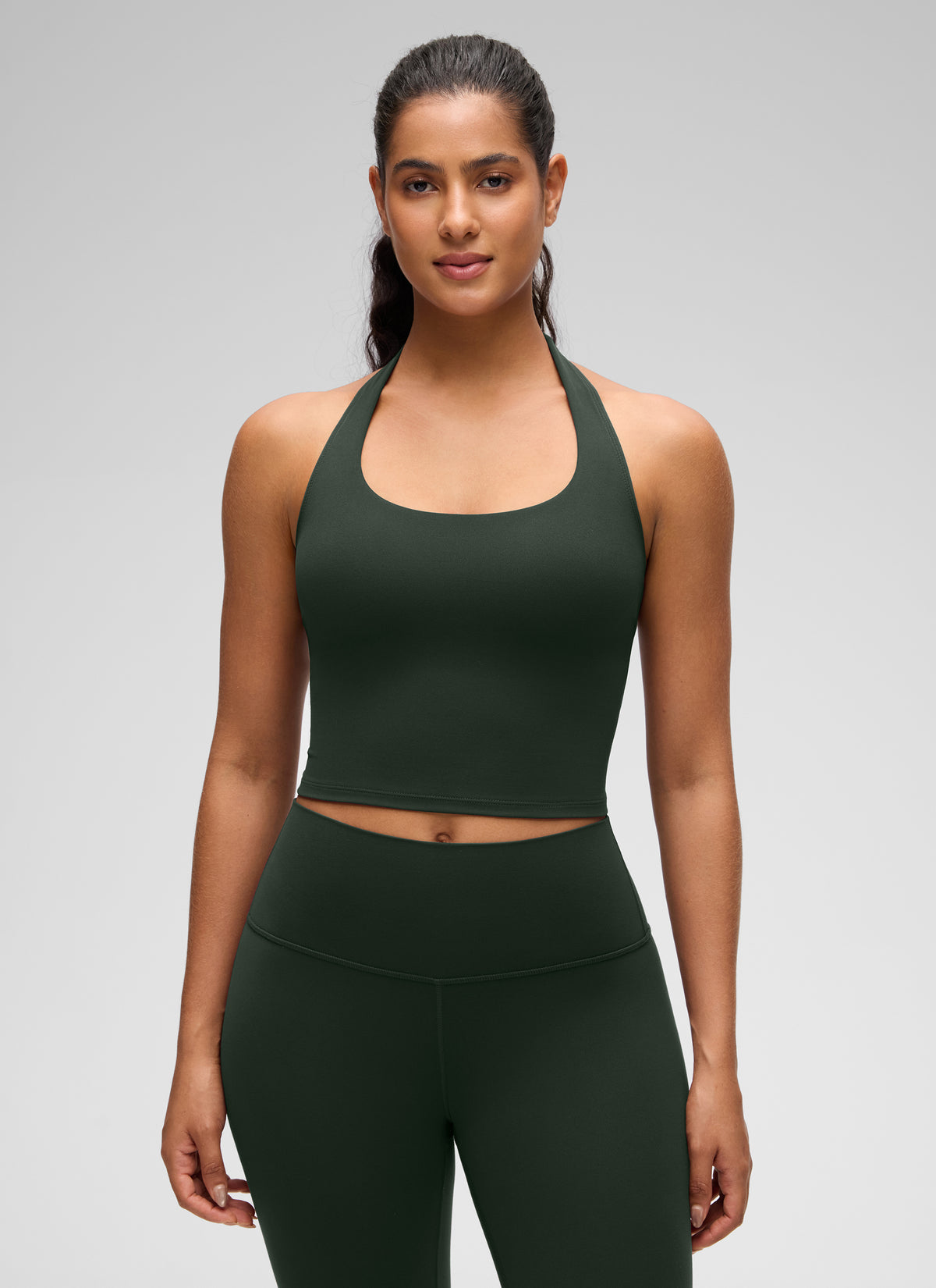 CRZ YOGA Womens Butterluxe Halter Longline Sports Bra Crop Tank Tops Legend Green @model_info:Carol