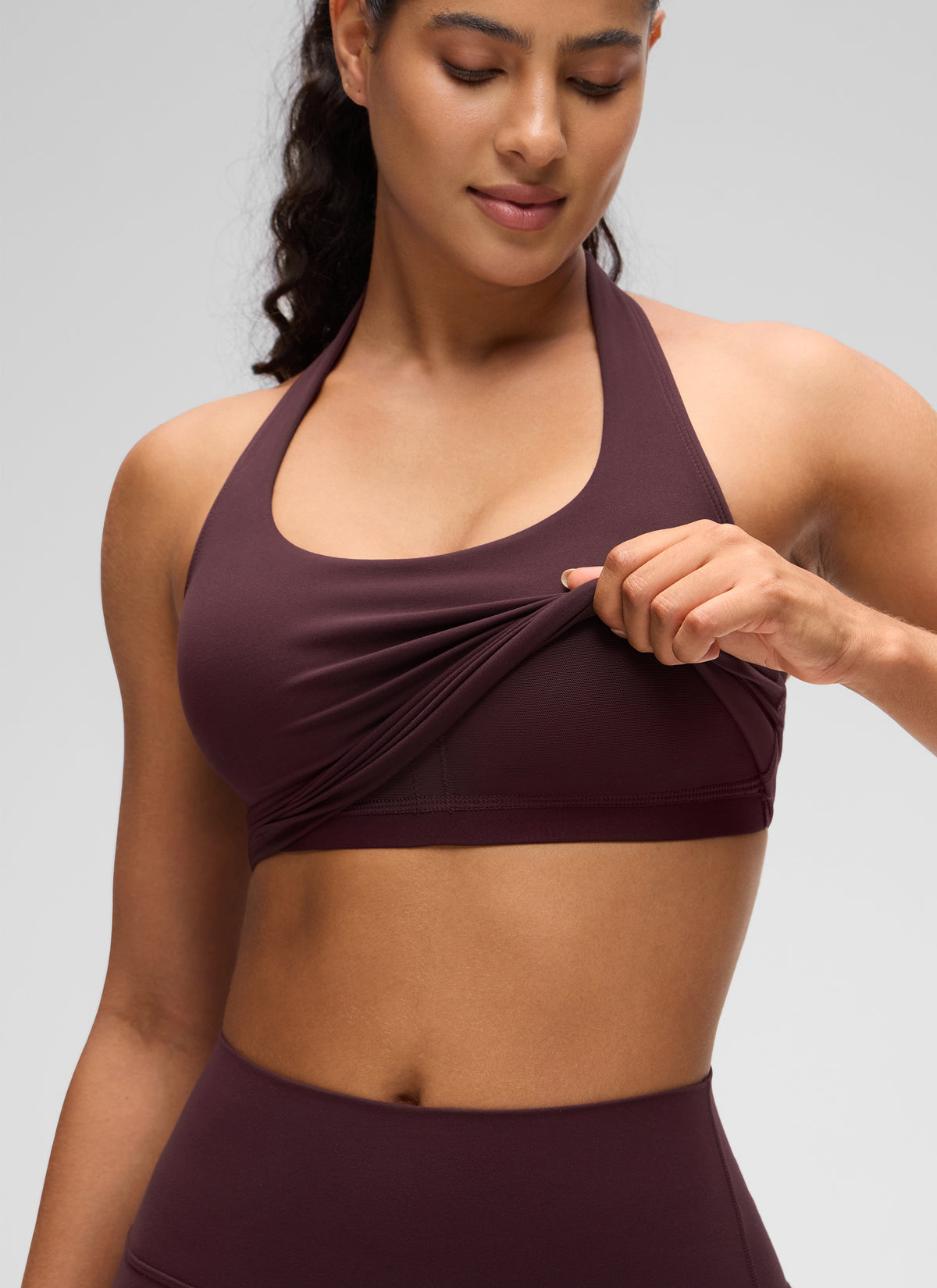 CRZ YOGA Womens Butterluxe Halter Longline Sports Bra Crop Tank Tops Ripe Plum @model_info:Carol
