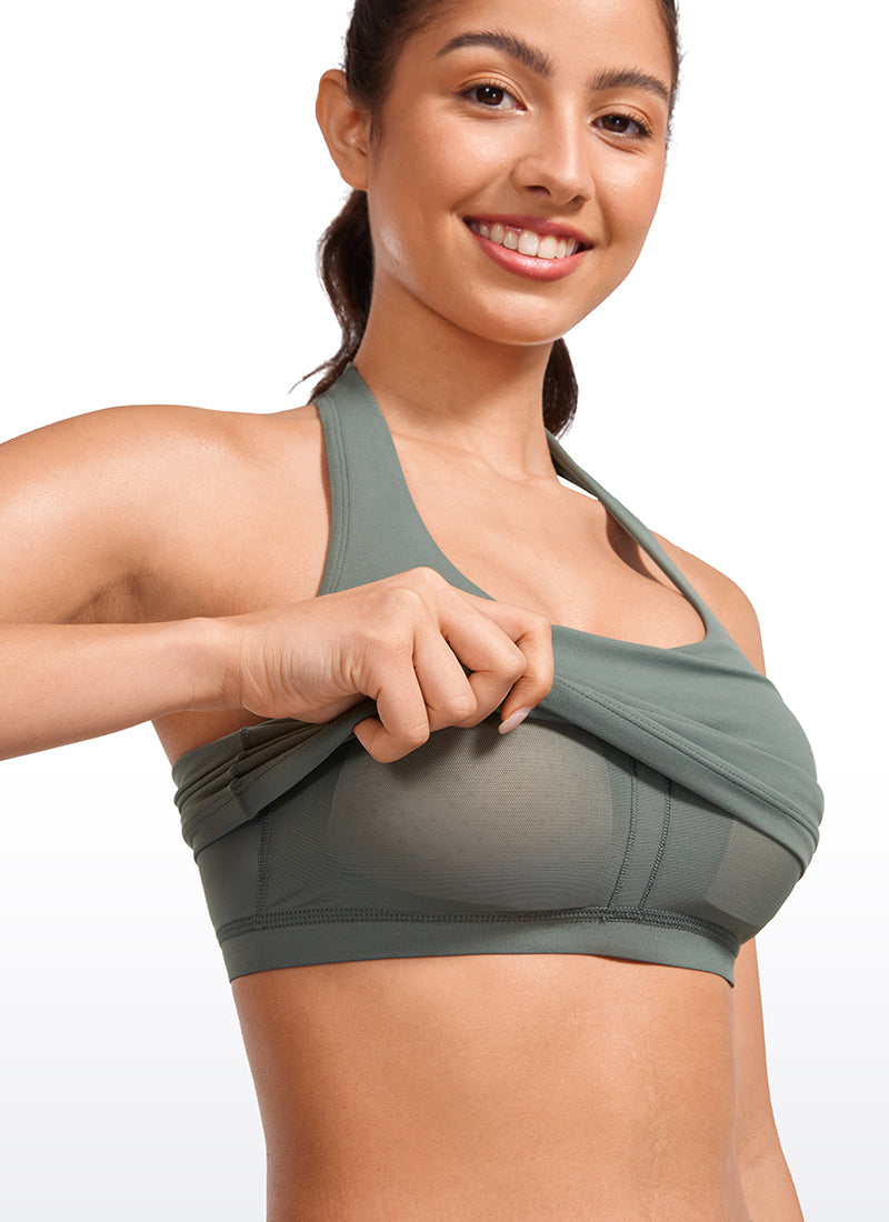 CRZ YOGA Womens Butterluxe Halter Longline Sports Bra Crop Tank Tops Grey Sage @model_info:Maysa