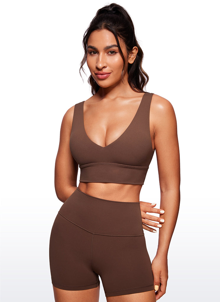 CRZ YOGA Women's Light Support Butterluxe Yoga Bra Longline U back V Neck Coffee Brown