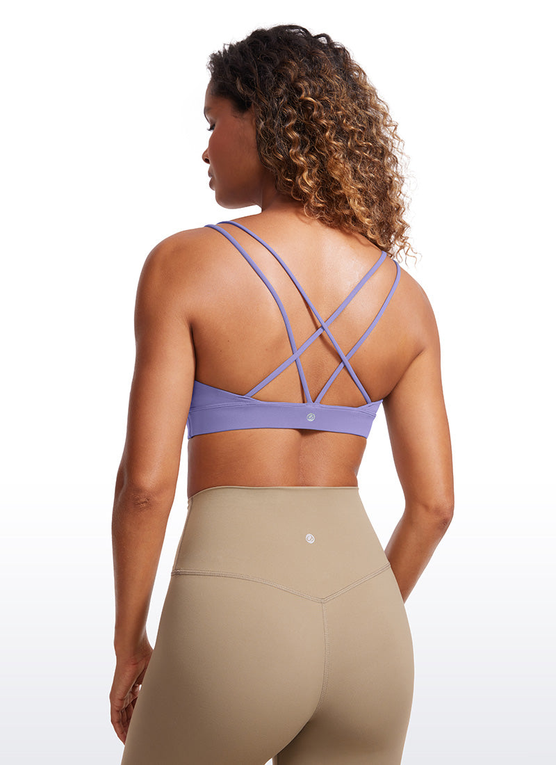 CRZ YOGA Women's Light Support Butterluxe Yoga Bra Strappy back Dark Lavender Purple @model_info:Gigi