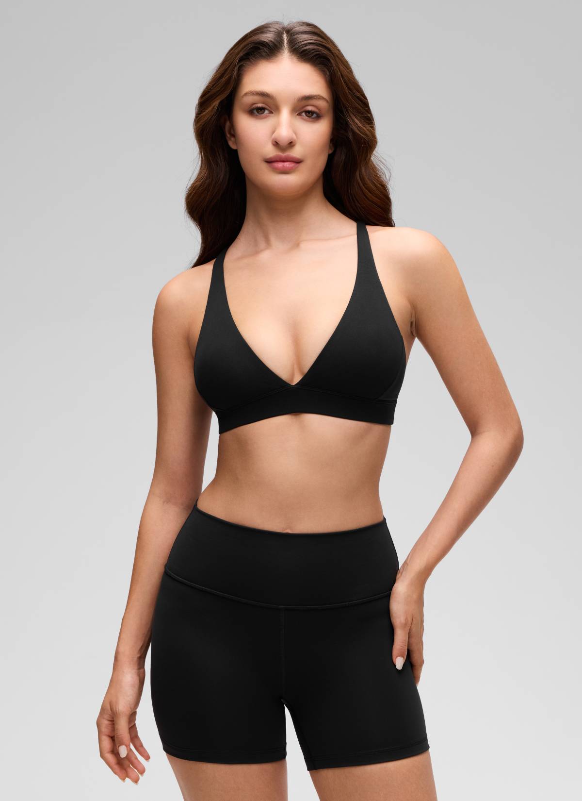 CRZ YOGA Women's Light Support Butterluxe Yoga Bra Strappy back V Neck Black @model_info:Inga