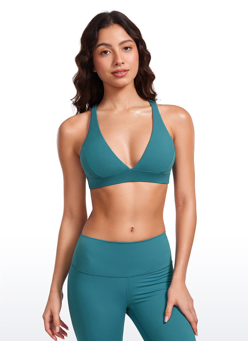 CRZ YOGA Women's Light Support Butterluxe Yoga Bra Strappy back V Neck Sparkle Blue