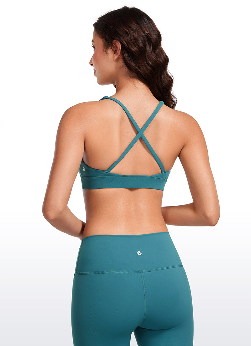 CRZ YOGA Women's Light Support Butterluxe Yoga Bra Strappy back V Neck Sparkle Blue