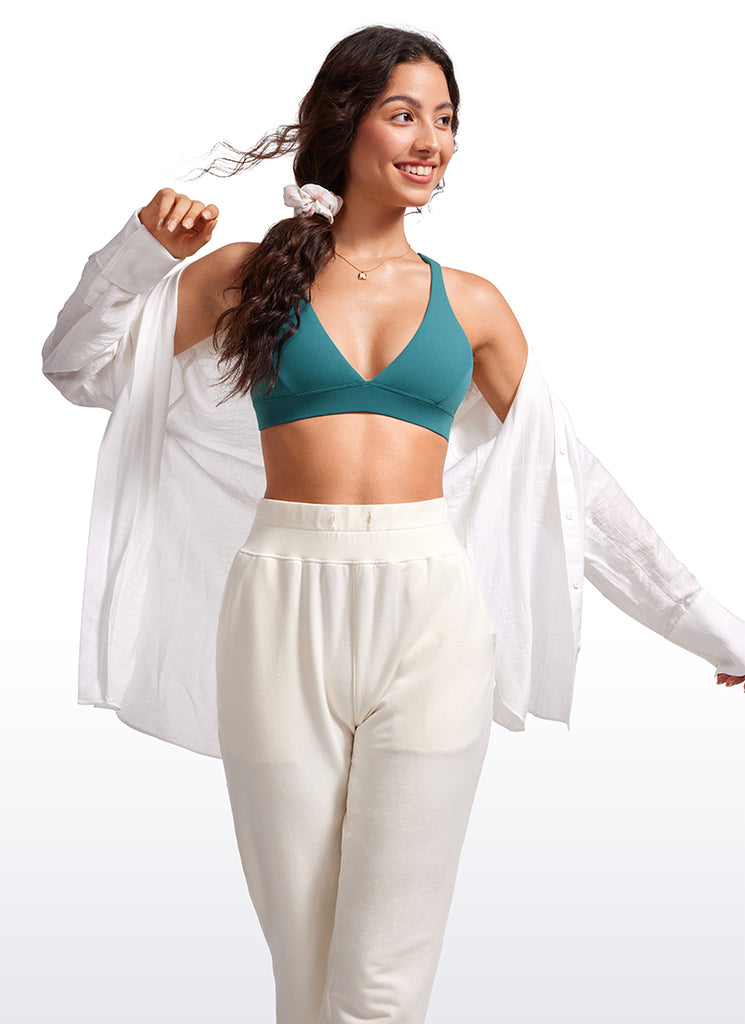 CRZ YOGA Women's Light Support Butterluxe Yoga Bra Strappy back V Neck Sparkle Blue