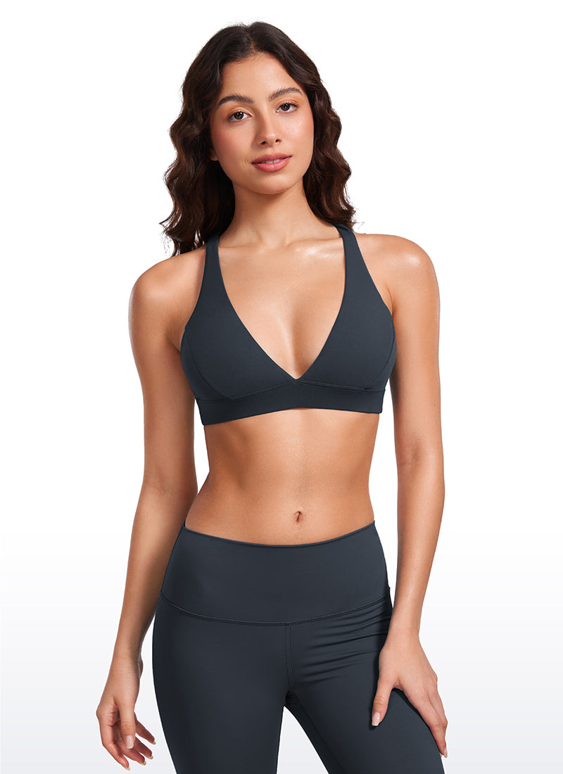 CRZ YOGA Women's Light Support Butterluxe Yoga Bra Strappy back V Neck True Navy @model_info:Maysa