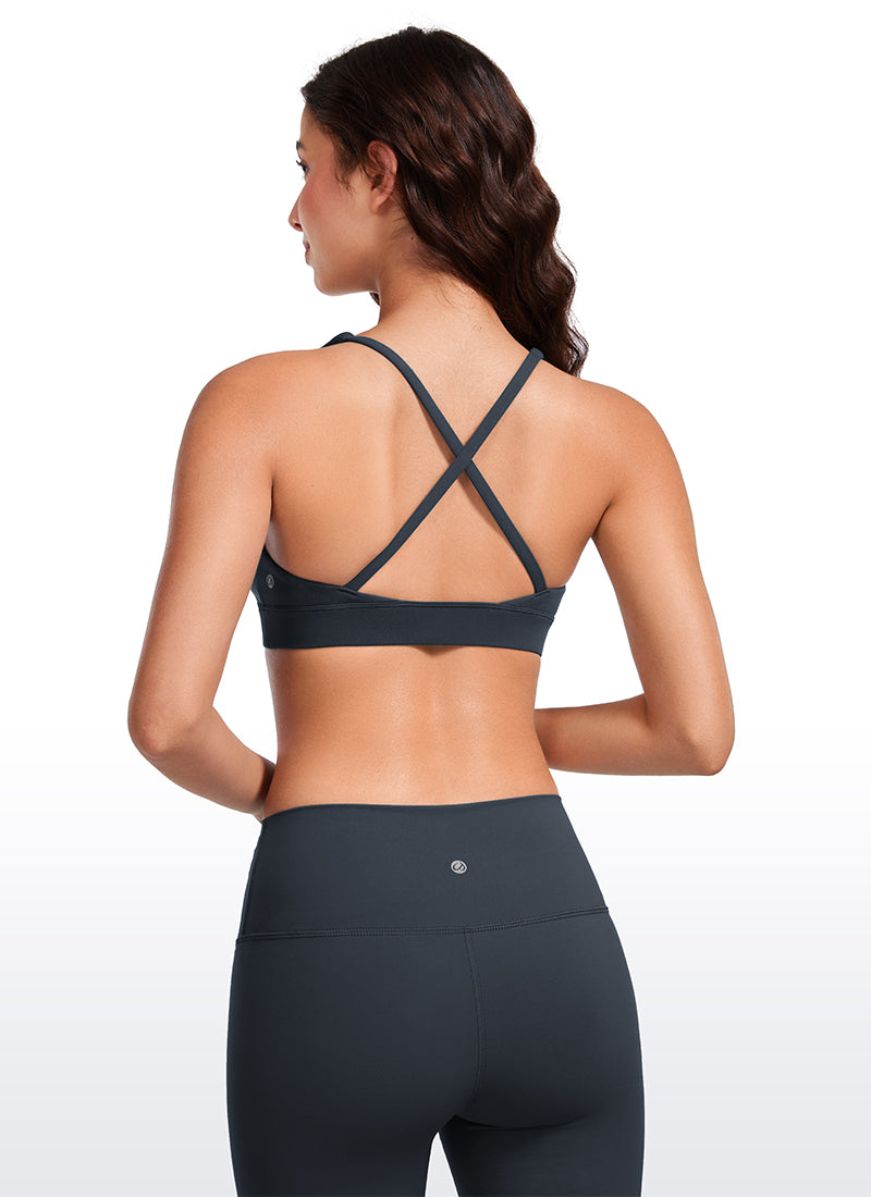 CRZ YOGA Women's Light Support Butterluxe Yoga Bra Strappy back V Neck True Navy @model_info:Maysa