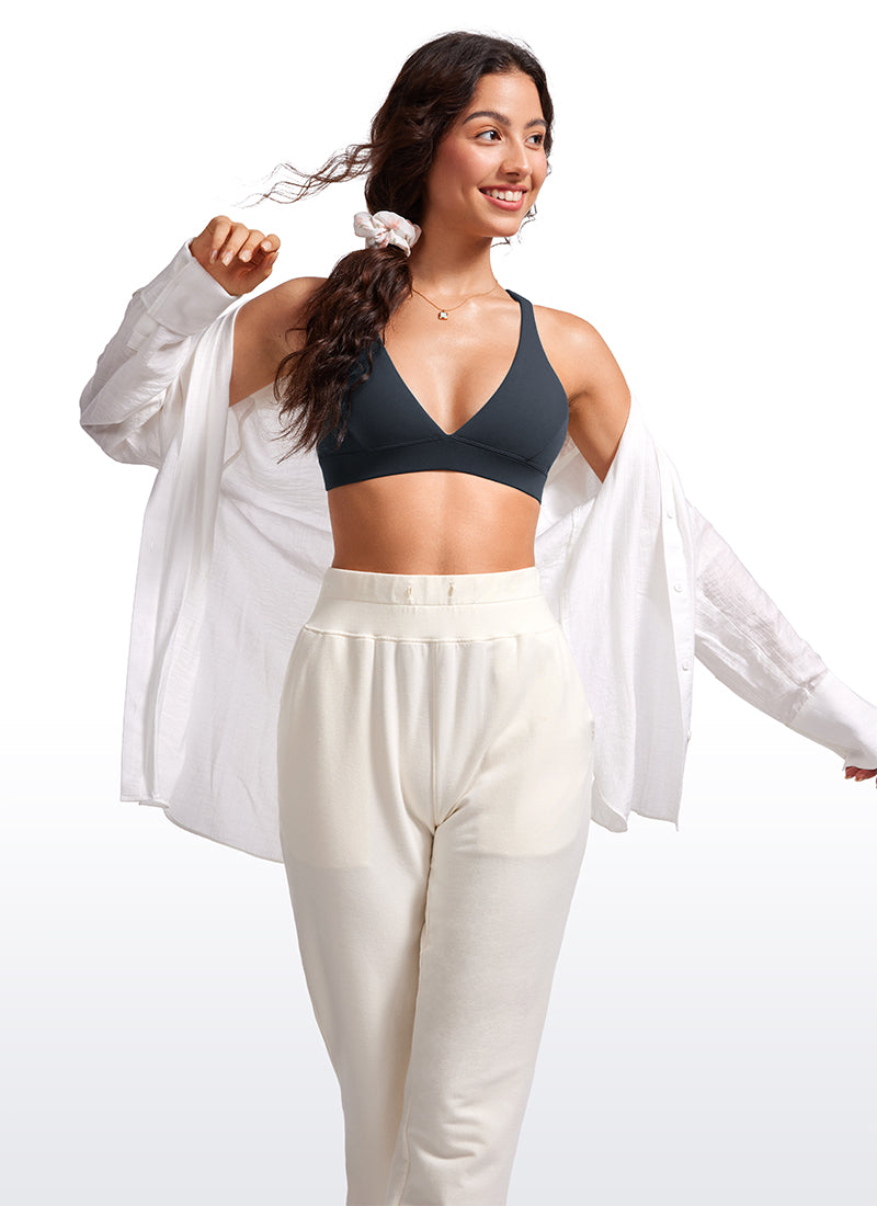 CRZ YOGA Women's Light Support Butterluxe Yoga Bra Strappy back V Neck True Navy @model_info:Maysa