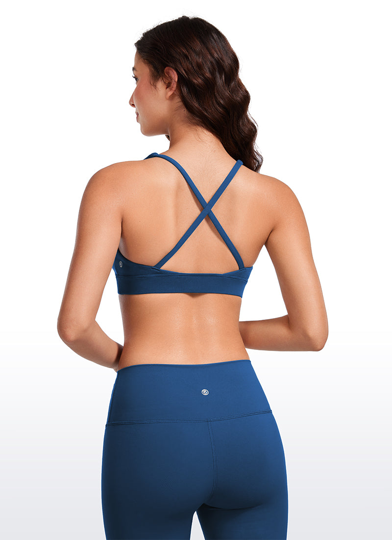 CRZ YOGA Women's Light Support Butterluxe Yoga Bra Strappy back V Neck French Navy @model_info:Maysa