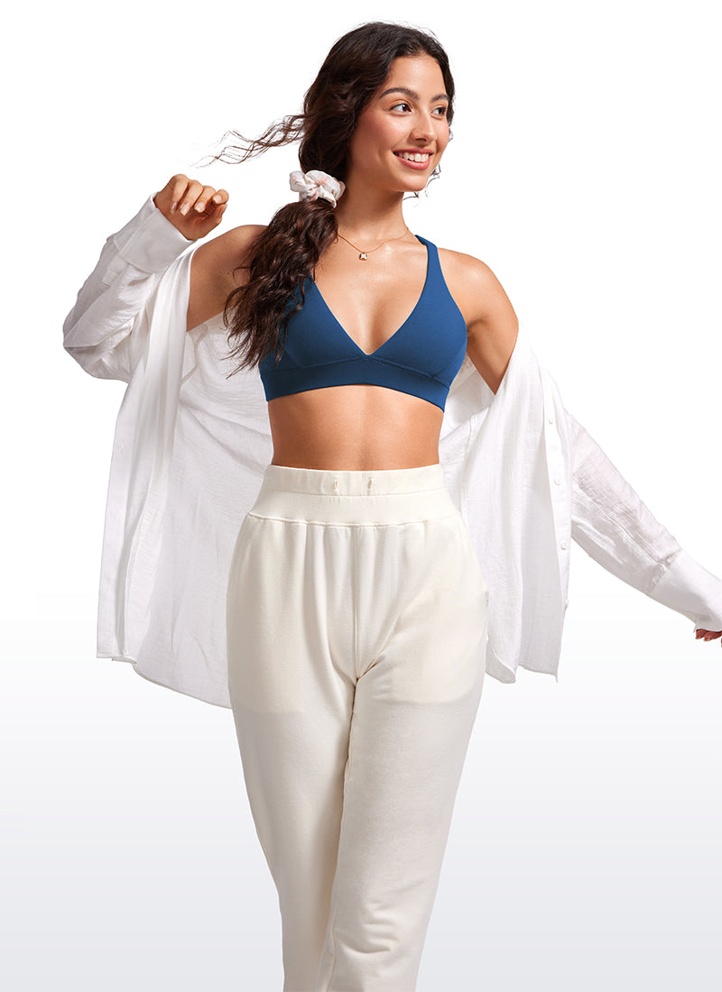 CRZ YOGA Women's Light Support Butterluxe Yoga Bra Strappy back V Neck French Navy @model_info:Maysa