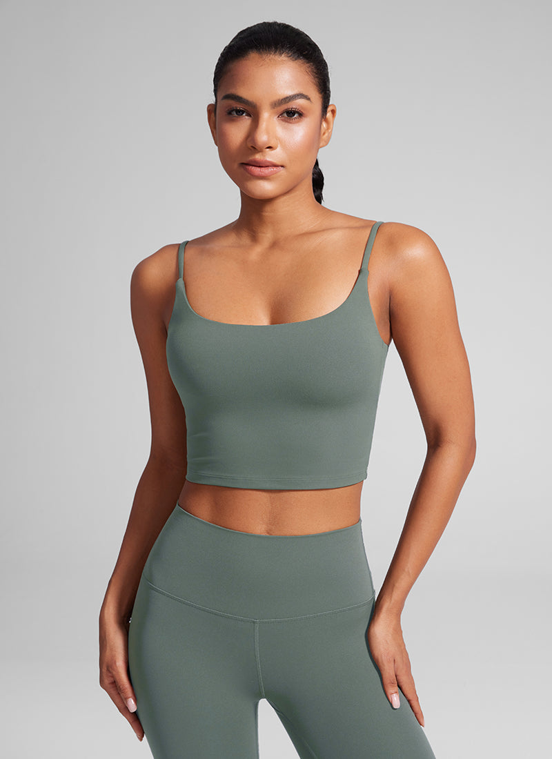 CRZ YOGA Womens Butterlift Scoop Neck U Back Yoga Longline Sports Bra Grey Sage @model_info:Amanda