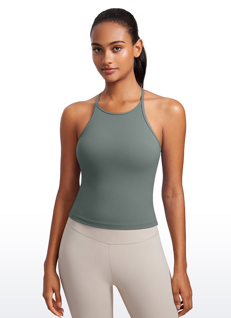 CRZ YOGA Women's Yoga Butterluxe Halter High Neck Padded Tanks Y Back White