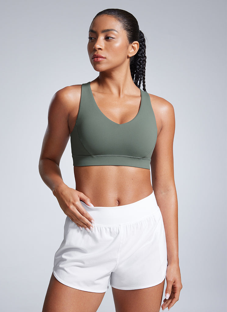 CRZ YOGA Womens Butterbreeze Padded V Neck Sports Bra Training Deep Red