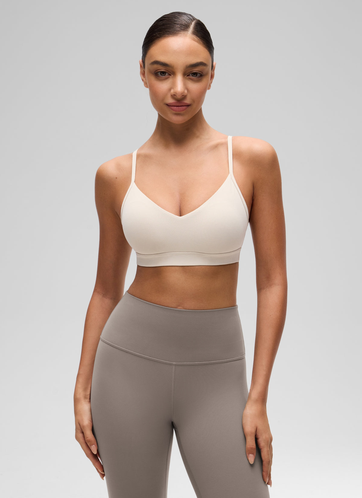 CRZ YOGA Butterluxe Womens V Neck Camisole Yoga Padded Sports Bra Mojave Tan @model_info:Anano