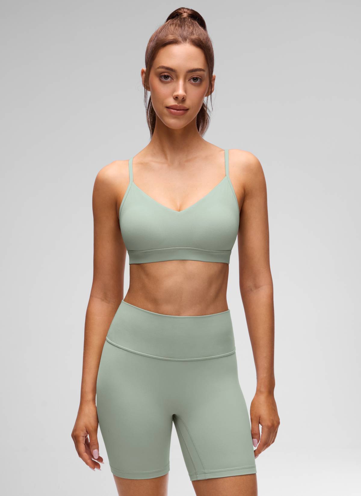 CRZ YOGA Butterluxe Womens V Neck Camisole Yoga Padded Sports Bra Green Palm Court @model_info:Lary