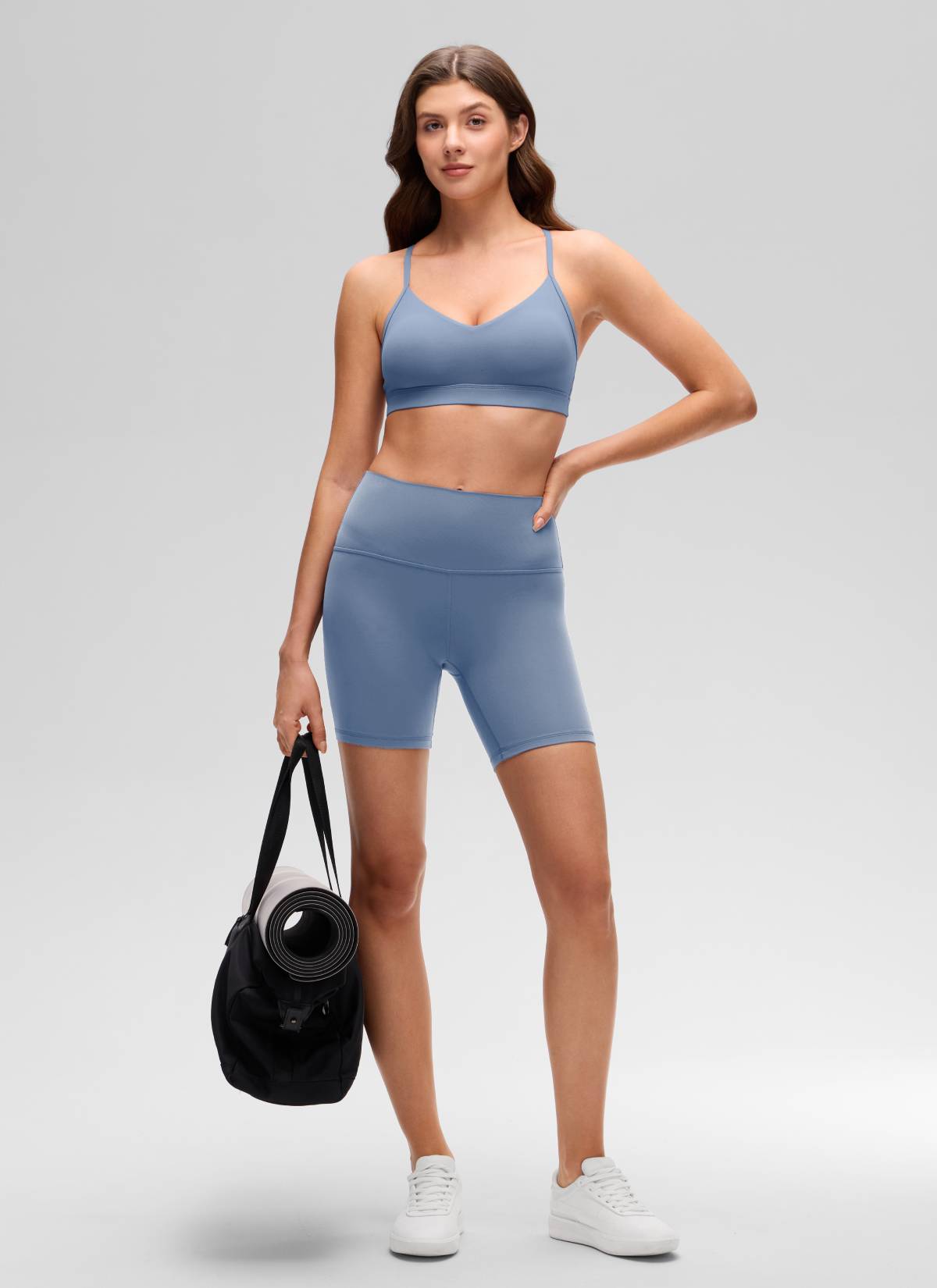 CRZ YOGA Butterluxe Womens V Neck Camisole Yoga Padded Sports Bra Washed Denim @model_info:Gelya