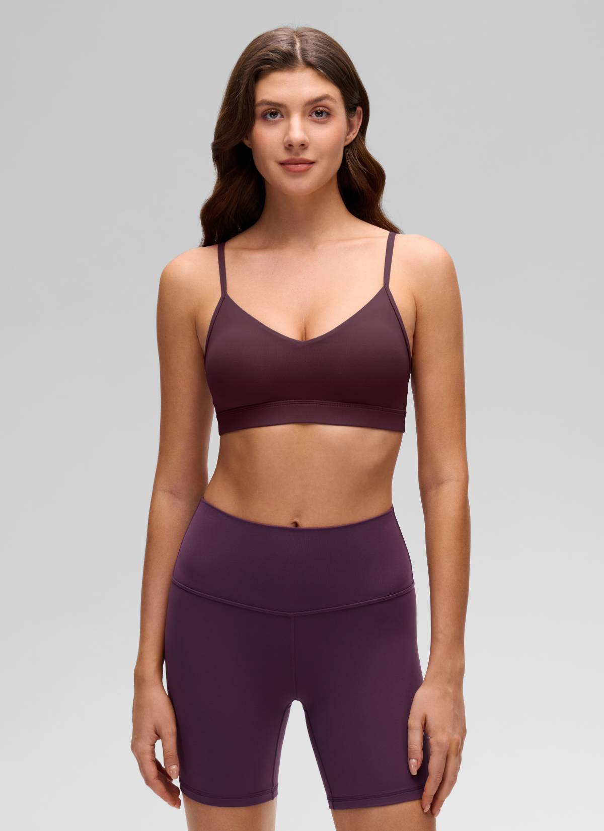 CRZ YOGA Butterluxe Womens V Neck Camisole Yoga Padded Sports Bra Ripe Plum @model_info:Gelya