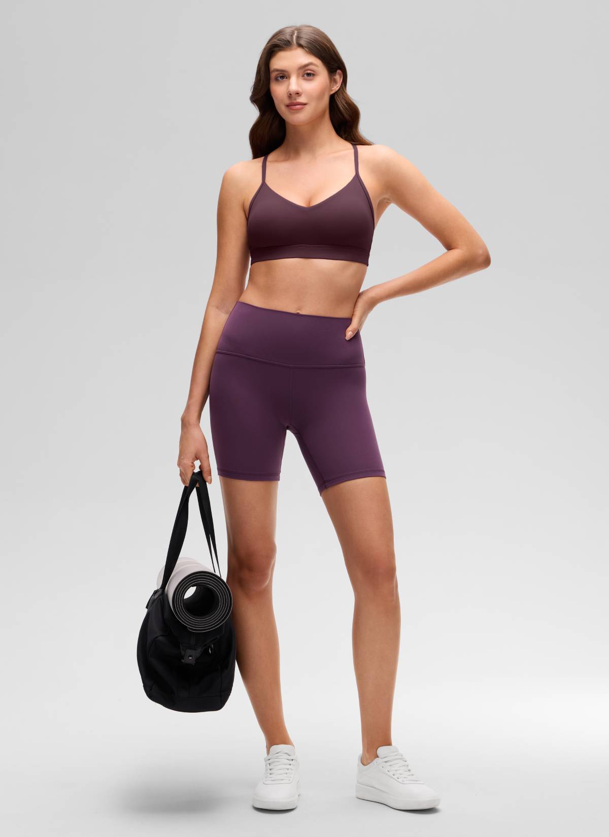 CRZ YOGA Butterluxe Womens V Neck Camisole Yoga Padded Sports Bra Ripe Plum @model_info:Gelya