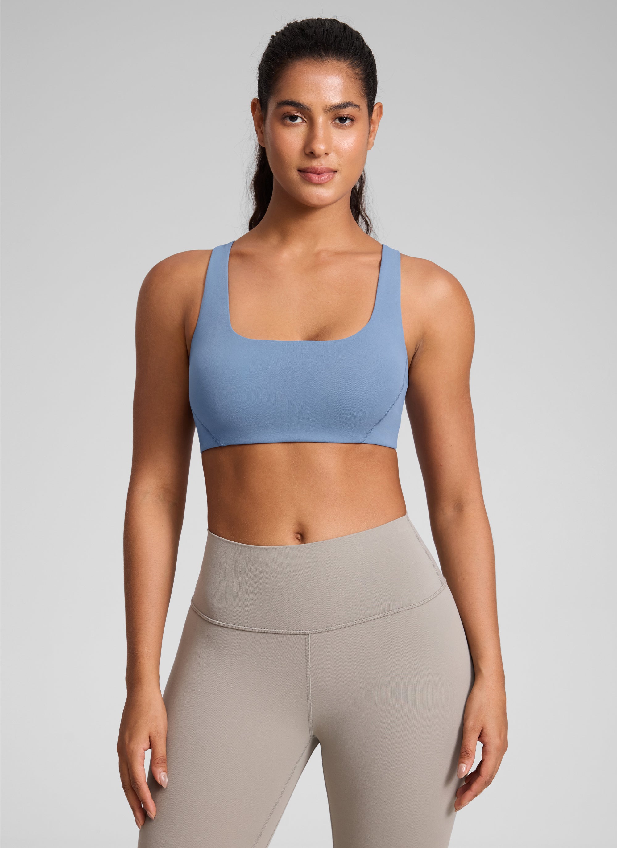 CRZ YOGA Womens Butterlift Double Lined Square Neck Yoga Sports Bra Washed Denim