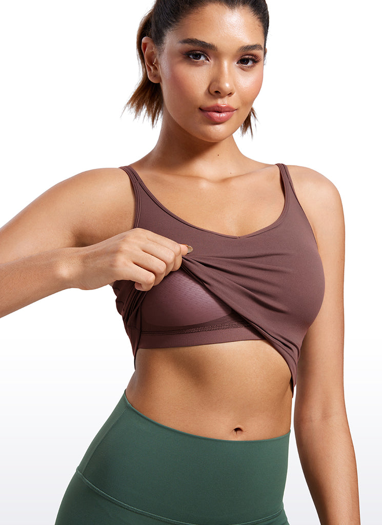 CRZ YOGA Butterluxe-Light Womens V Neck Longline Yoga Padded Sports Bra Taupe