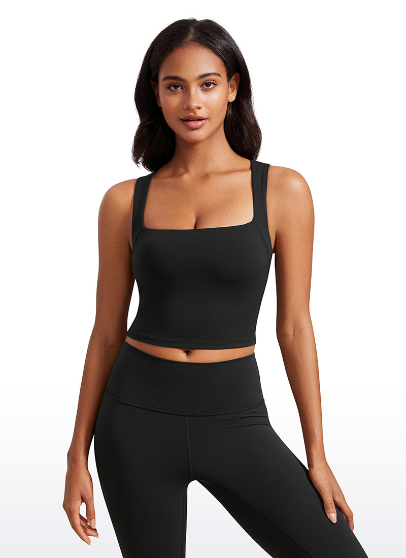 CRZ YOGA Butterluxe Women Longline Square Neck Sport Built in Bra Tank Black @model_info:Lais