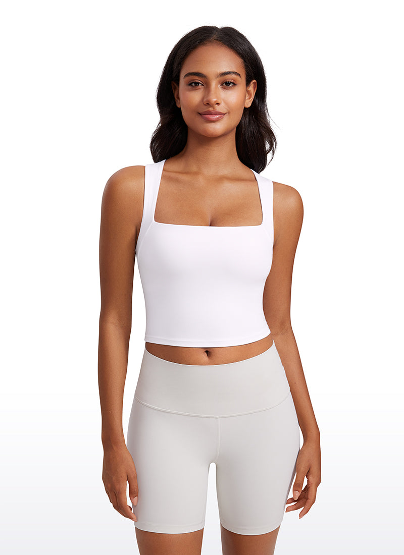 CRZ YOGA Butterluxe Women Longline Square Neck Sport Built in Bra Tank White @model_info:Lais
