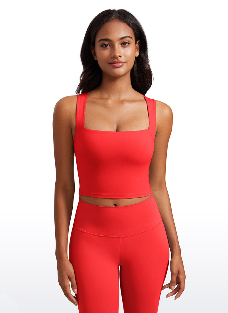 CRZ YOGA Butterluxe Women Longline Square Neck Sport Built in Bra Tank Deep Red @model_info:Lais