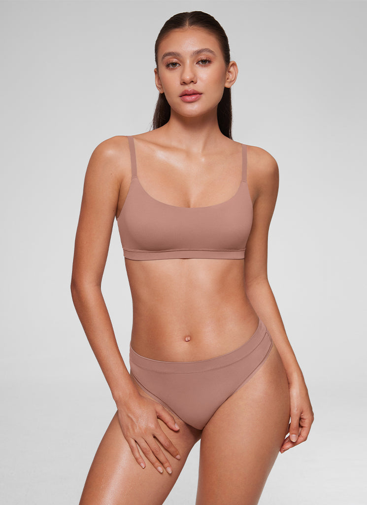 CRZ YOGA Women's Softhold Wireless Scoop Neck  Everyday Bra Adjustable Gravel Beige