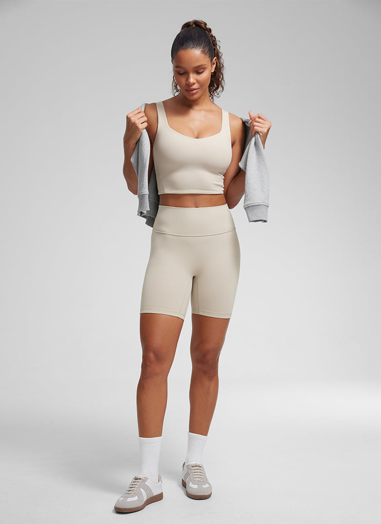 CRZ YOGA Women's Yoga Molded Cup Butterluxe Longline Bra V Neck Coffee Brown