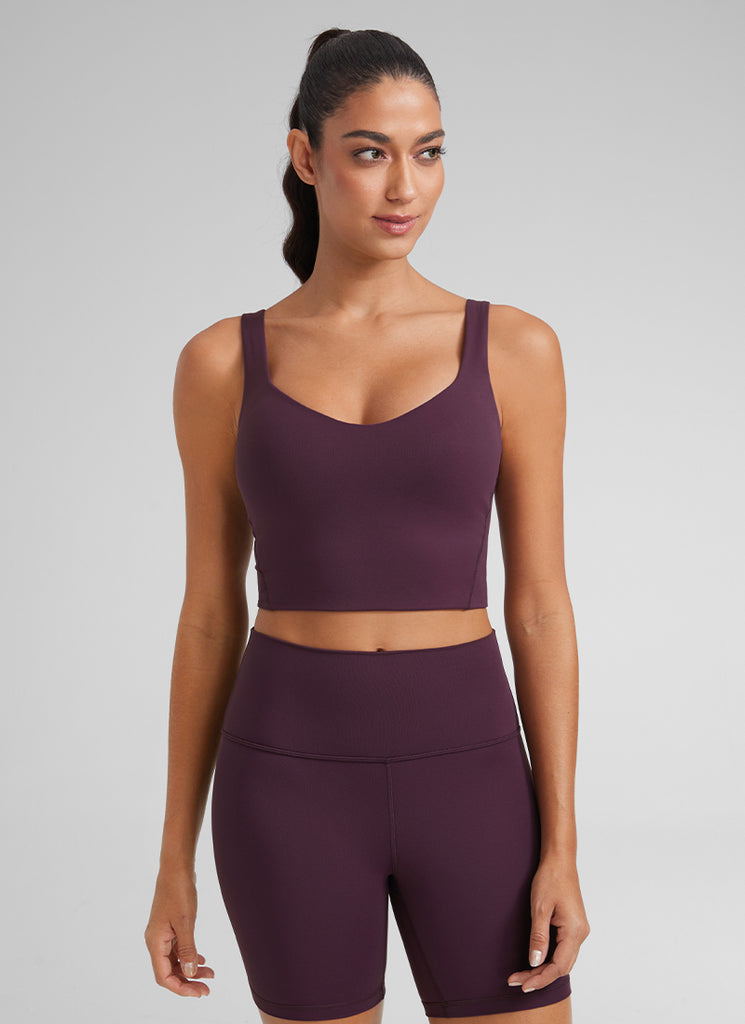 CRZ YOGA Women's Yoga Molded Cup Butterluxe Longline Bra V Neck Mojave Tan