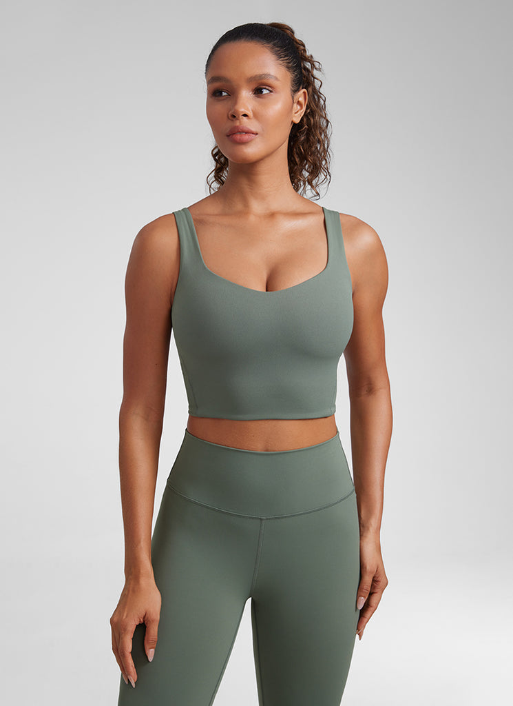 CRZ YOGA Women's Yoga Molded Cup Butterluxe Longline Bra V Neck Mojave Tan