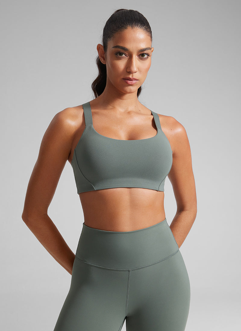 CRZ YOGA Women's Gym Top Butterlift Scoop Neck Bra Adjustable Straps Grey Sage @model_info:Mariana