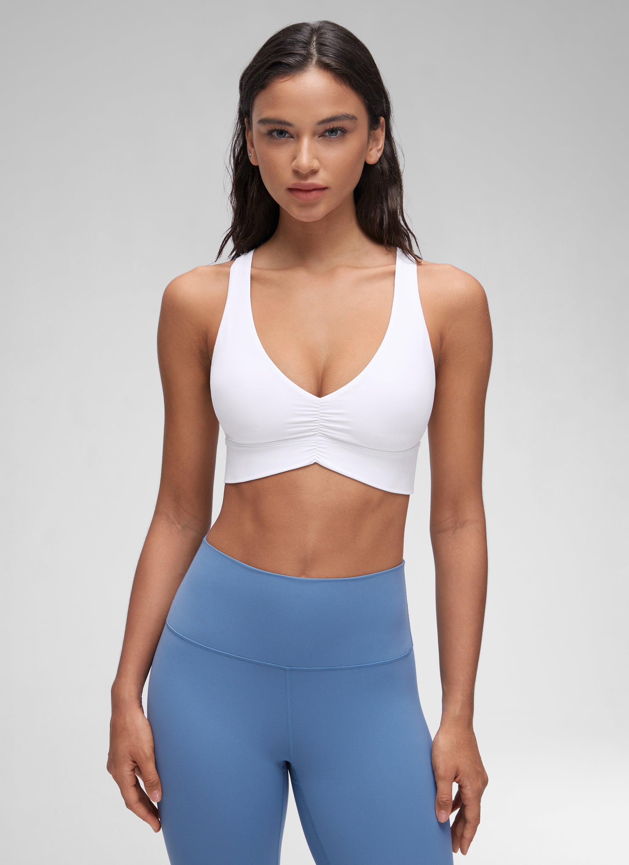 CRZ YOGA Women's Light Support Butterluxe Yoga Bra Ruched V Neck White @model_info:Winma