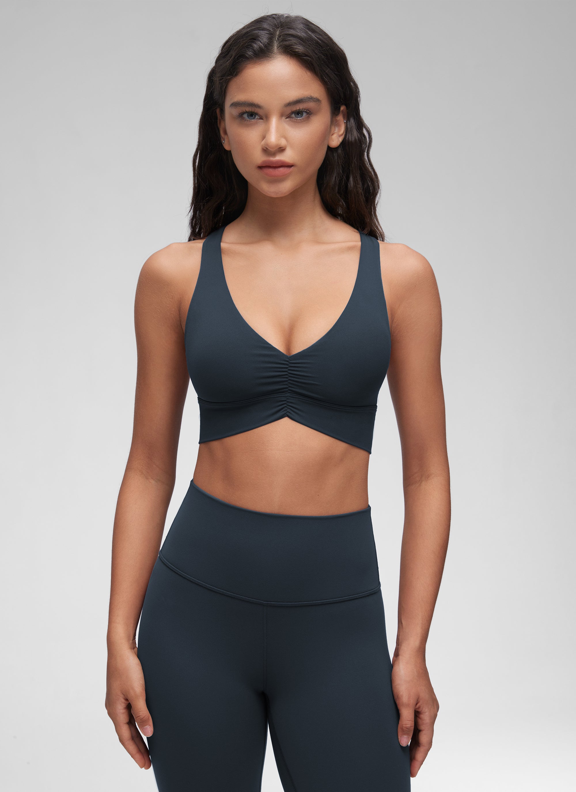CRZ YOGA Women's Light Support Butterluxe Yoga Bra Ruched V Neck True Navy @model_info:Winma
