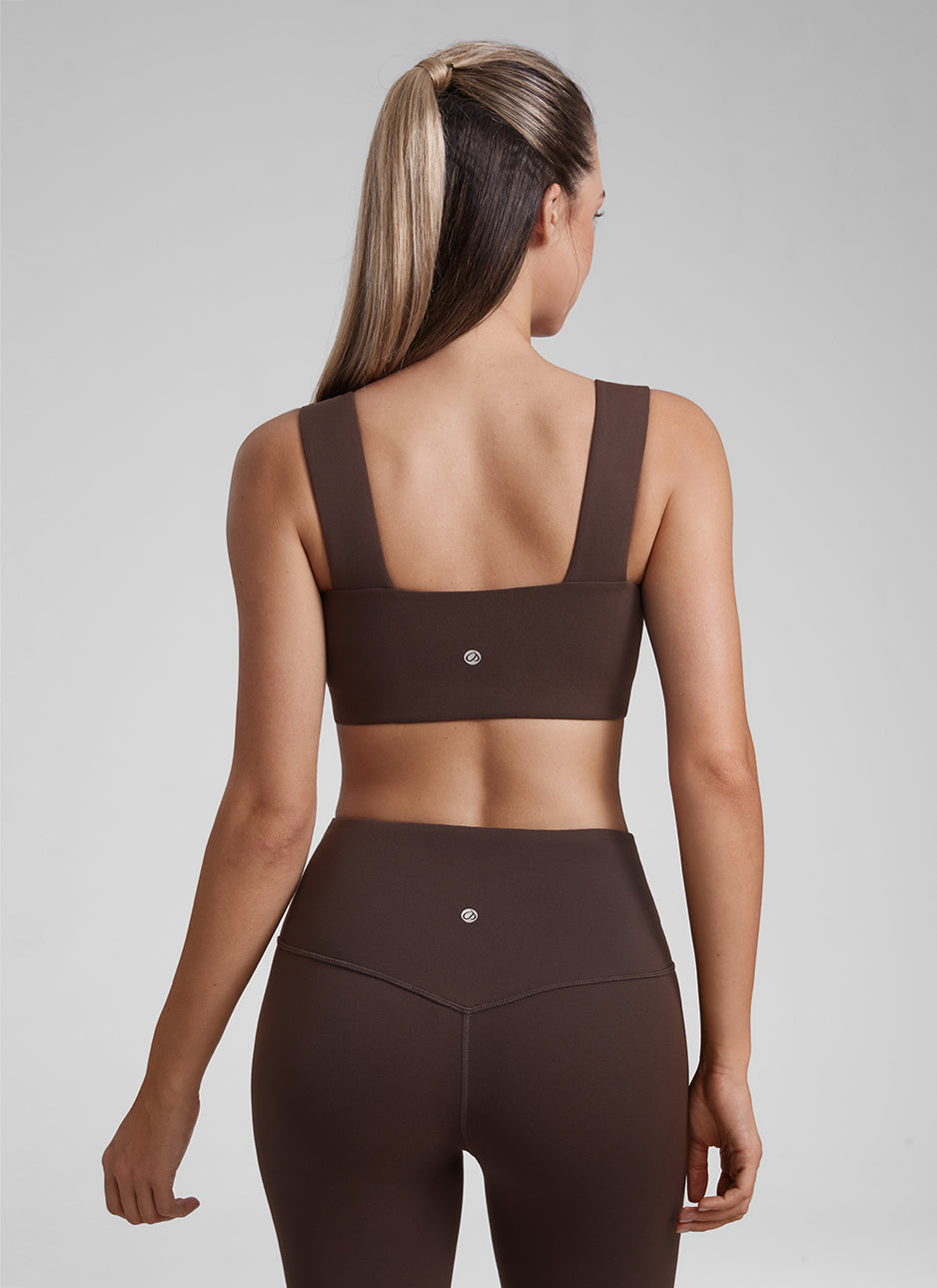 CRZ YOGA Butterluxe Womens Square Neck Open Back Wide straps Sports Bras Hot Fudge Brown @model_info:Kate