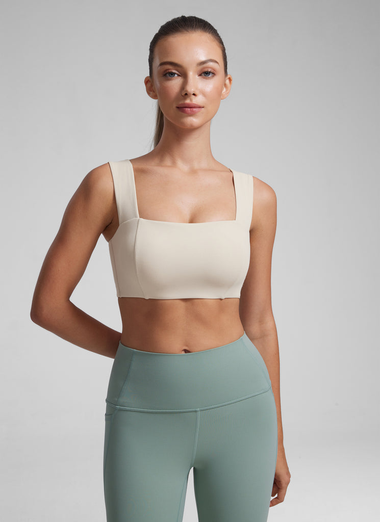 CRZ YOGA Butterluxe Womens Square Neck Open Back Wide straps Sports Bras Black