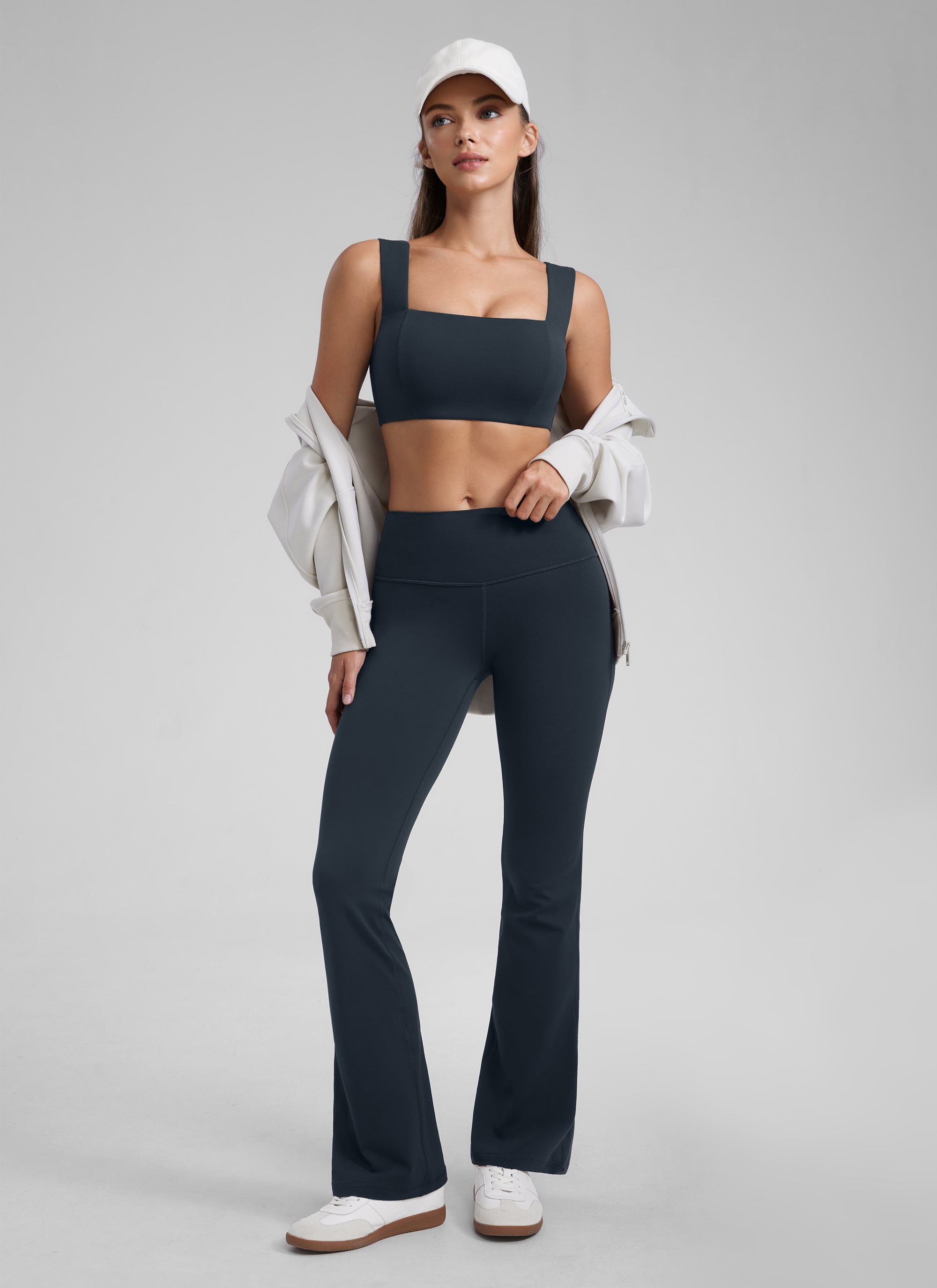 CRZ YOGA Butterluxe Womens Square Neck Open Back Wide straps Sports Bras True Navy