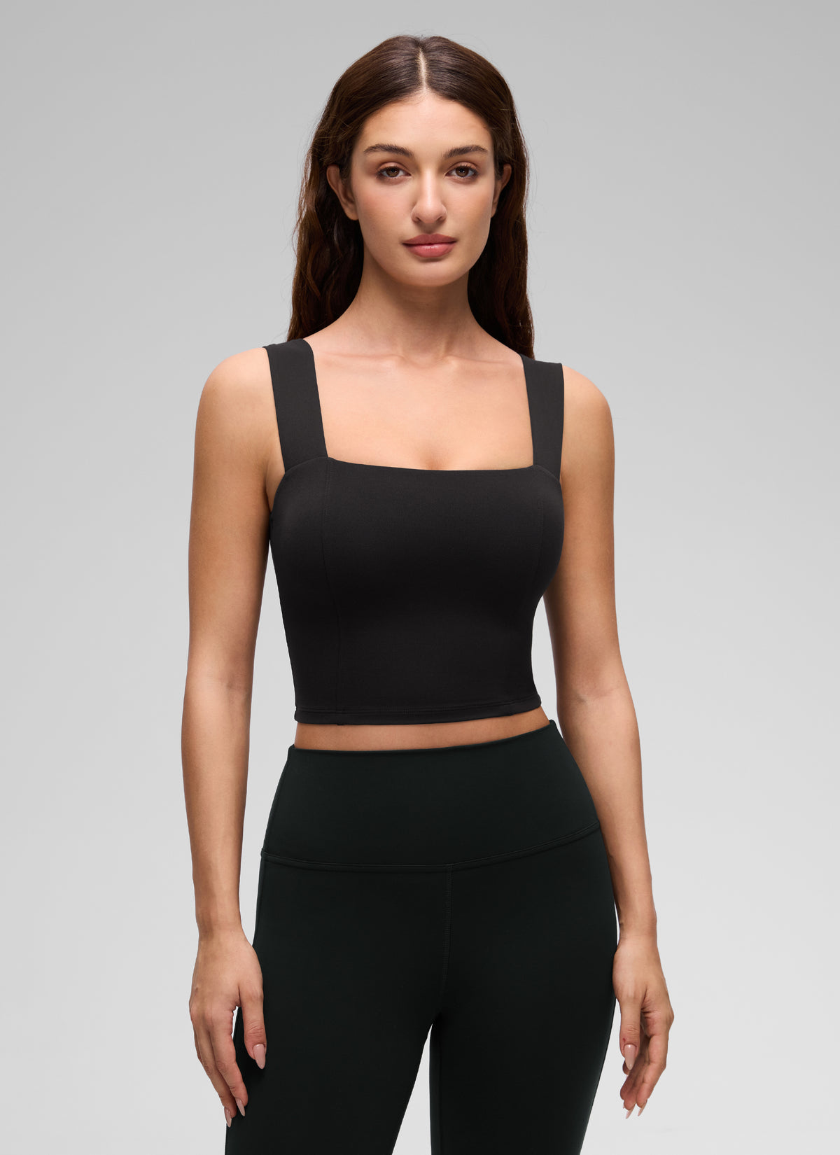 CRZ YOGA Women's Butterluxe Square Neck Crop Built in Bra Tank Black @model_info:Inga